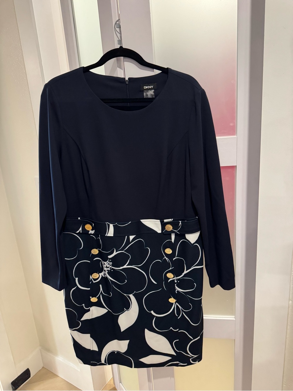 DKNY Navy and White Long-Sleeve Floral Ponte Dress with Gold Buttons